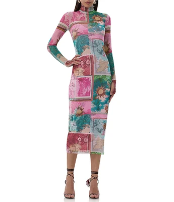 AFRM Shailene Tropical Postcard Print Mock Neck Long Sleeve Fitted Midi Dress