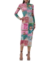 AFRM Shailene Tropical Postcard Print Mock Neck Long Sleeve Fitted Midi Dress