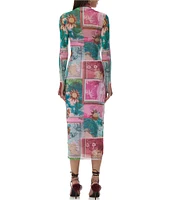 AFRM Shailene Tropical Postcard Print Mock Neck Long Sleeve Fitted Midi Dress