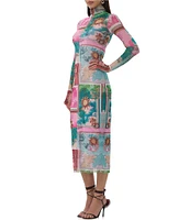 AFRM Shailene Tropical Postcard Print Mock Neck Long Sleeve Fitted Midi Dress