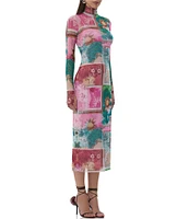 AFRM Shailene Tropical Postcard Print Mock Neck Long Sleeve Fitted Midi Dress