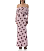 AFRM Thelma Dot Print Off-The-Shoulder Long Sleeve Mesh Maxi Dress