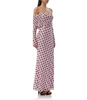 AFRM Thelma Dot Print Off-The-Shoulder Long Sleeve Mesh Maxi Dress