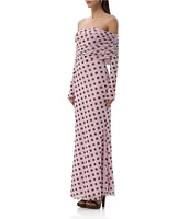 AFRM Thelma Dot Print Off-The-Shoulder Long Sleeve Mesh Maxi Dress