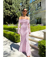 AFRM Thelma Dot Print Off-The-Shoulder Long Sleeve Mesh Maxi Dress