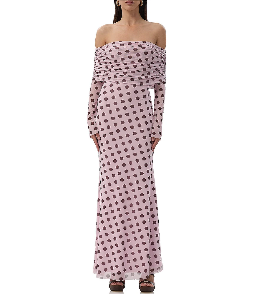 AFRM Thelma Dot Print Off-The-Shoulder Long Sleeve Mesh Maxi Dress