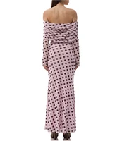 AFRM Thelma Dot Print Off-The-Shoulder Long Sleeve Mesh Maxi Dress