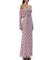 AFRM Thelma Dot Print Off-The-Shoulder Long Sleeve Mesh Maxi Dress