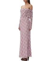 AFRM Thelma Dot Print Off-The-Shoulder Long Sleeve Mesh Maxi Dress