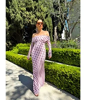 AFRM Thelma Dot Print Off-The-Shoulder Long Sleeve Mesh Maxi Dress