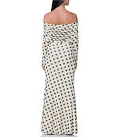 AFRM Thelma Mesh Dot Print Off The Shoulder Neck Long Sleeve Maxi Dress