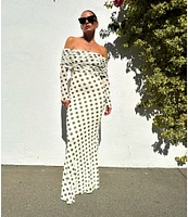 AFRM Thelma Mesh Dot Print Off The Shoulder Neck Long Sleeve Maxi Dress