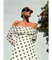 AFRM Thelma Mesh Dot Print Off The Shoulder Neck Long Sleeve Maxi Dress