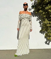 AFRM Thelma Mesh Dot Print Off The Shoulder Neck Long Sleeve Maxi Dress