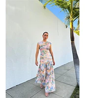 AFRM Val Floral Print Ruched Mesh Pleated Skirt