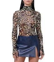 AFRM Zadie Animal Printed Mesh Turtleneck Long Sleeve Top