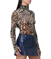 AFRM Zadie Animal Printed Mesh Turtleneck Long Sleeve Top