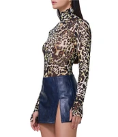 AFRM Zadie Animal Printed Mesh Turtleneck Long Sleeve Top