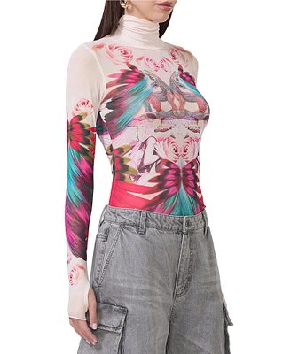 AFRM Zadie Feather Multi Print Mesh Mock Neck Long Sleeve Top