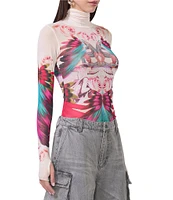AFRM Zadie Feather Multi Print Mesh Mock Neck Long Sleeve Top