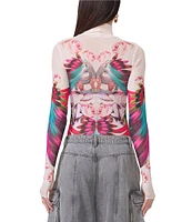 AFRM Zadie Feather Multi Print Mesh Mock Neck Long Sleeve Top