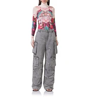 AFRM Zadie Feather Multi Print Mesh Mock Neck Long Sleeve Top