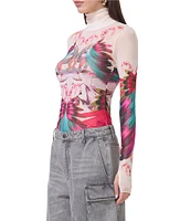 AFRM Zadie Feather Multi Print Mesh Mock Neck Long Sleeve Top