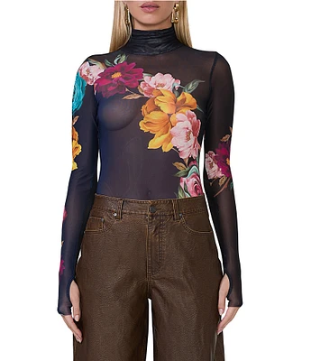 AFRM Zadie Mesh Floral Print Turtleneck Long Sleeve Top