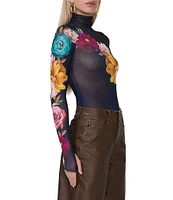 AFRM Zadie Mesh Floral Print Turtleneck Long Sleeve Top