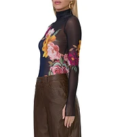 AFRM Zadie Mesh Floral Print Turtleneck Long Sleeve Top