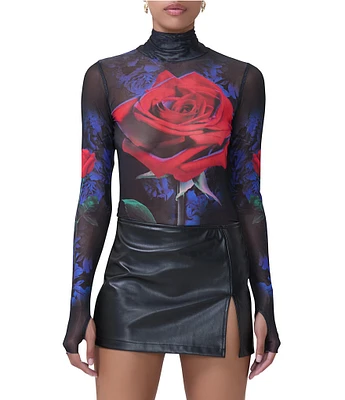 AFRM Zadie Mesh Realism Rose Print Turtleneck Long Sleeve Top