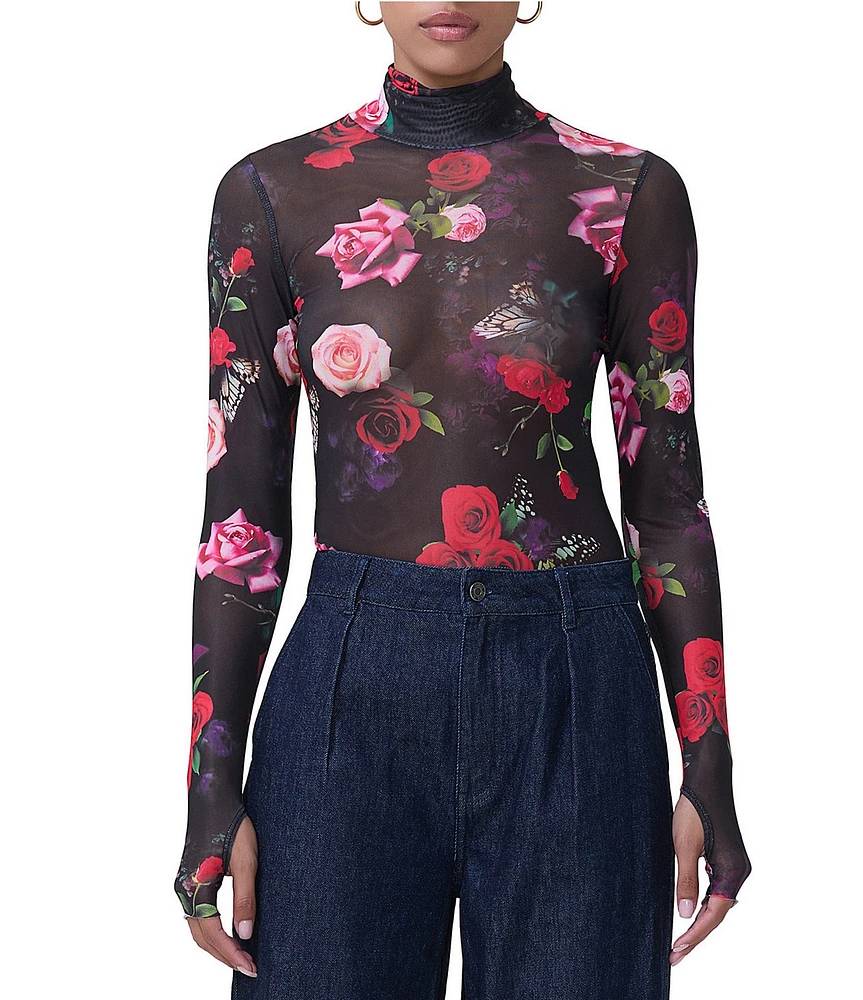 AFRM Zadie Mesh Rose Print Turtleneck Long Sleeve Top