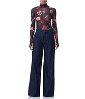 AFRM Zadie Mesh Rose Print Turtleneck Long Sleeve Top