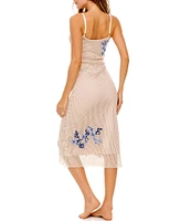 Agua Bendita Adelaida Mesh Floral Embroidered Scoop Neck Sleeveless Midi Dress