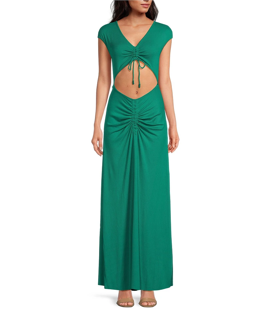 Agua Bendita Ailana Knit Jersey V-Neck Cap Sleeve Cut-Out Sheath Dress