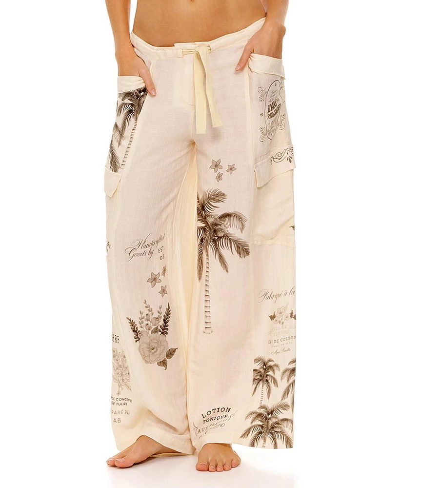 Agua Bendita Alice Woven Tropical Palm Tree Placement Print Coordinating Cargo Pants