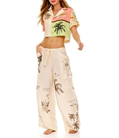Agua Bendita Alice Woven Tropical Palm Tree Placement Print Coordinating Cargo Pants
