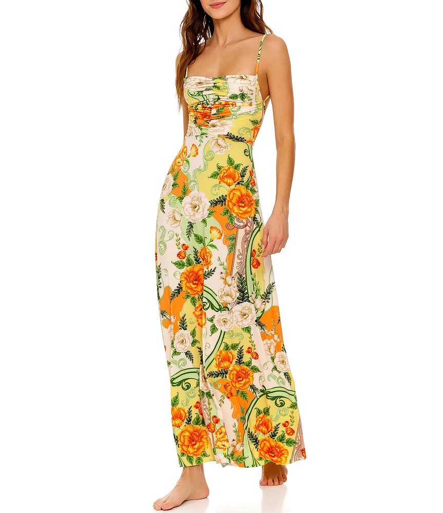 Agua Bendita Arista Floral Knit Print Square Neck Sleeveless Tie Back Maxi Dress