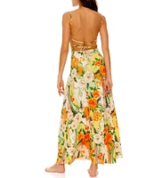 Agua Bendita Arista Floral Knit Print Square Neck Sleeveless Tie Back Maxi Dress