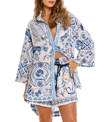 Agua Bendita Chrissy Azure Printed Point Collar 3/4 Sleeve Button Down Shirt