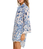 Agua Bendita Chrissy Azure Printed Point Collar 3/4 Sleeve Button Down Shirt