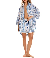 Agua Bendita Chrissy Azure Printed Point Collar 3/4 Sleeve Button Down Shirt