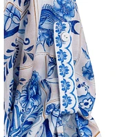 Agua Bendita Chrissy Azure Printed Point Collar 3/4 Sleeve Button Down Shirt