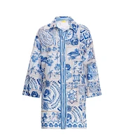 Agua Bendita Chrissy Azure Printed Point Collar 3/4 Sleeve Button Down Shirt