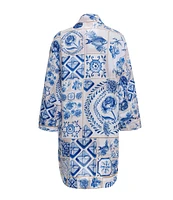 Agua Bendita Chrissy Azure Printed Point Collar 3/4 Sleeve Button Down Shirt