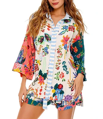 Agua Bendita Chrissy Floral Placement Print Point Collar 3/4 Sleeve Coordinating Shirt