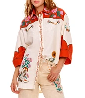 Agua Bendita Chrissy Nopal Floral Embroidered Point Collar 3/4 Sleeve Button Up Top