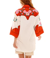 Agua Bendita Chrissy Nopal Floral Embroidered Point Collar 3/4 Sleeve Button Up Top
