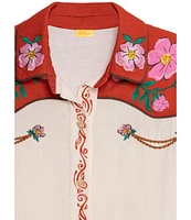 Agua Bendita Chrissy Nopal Floral Embroidered Point Collar 3/4 Sleeve Button Up Top