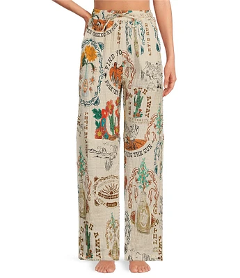 Agua Bendita Frank Nopal Desert Print Crinkle Woven Elastic Tie Waist Pant
